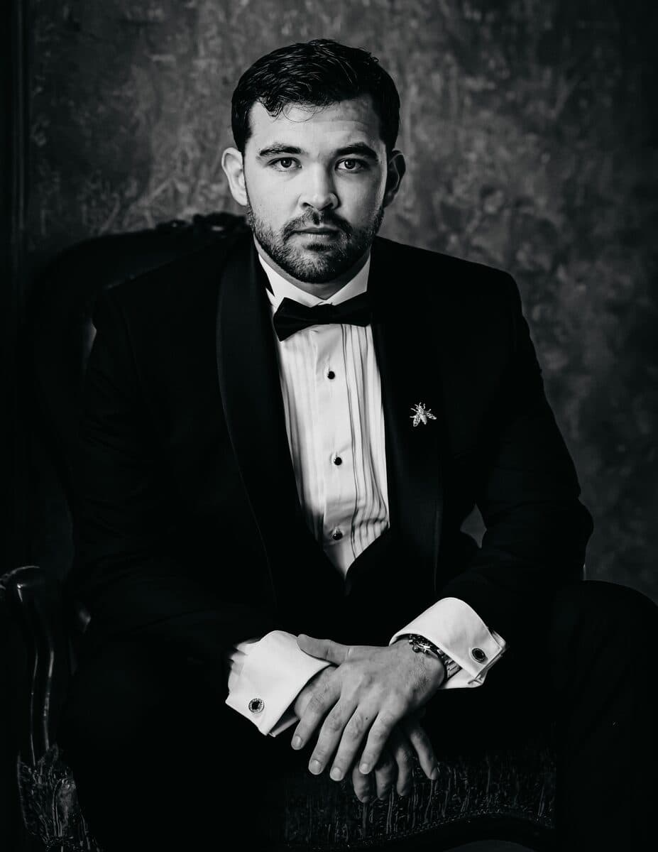 Joshua Malan in a tuxedo on his wedding day